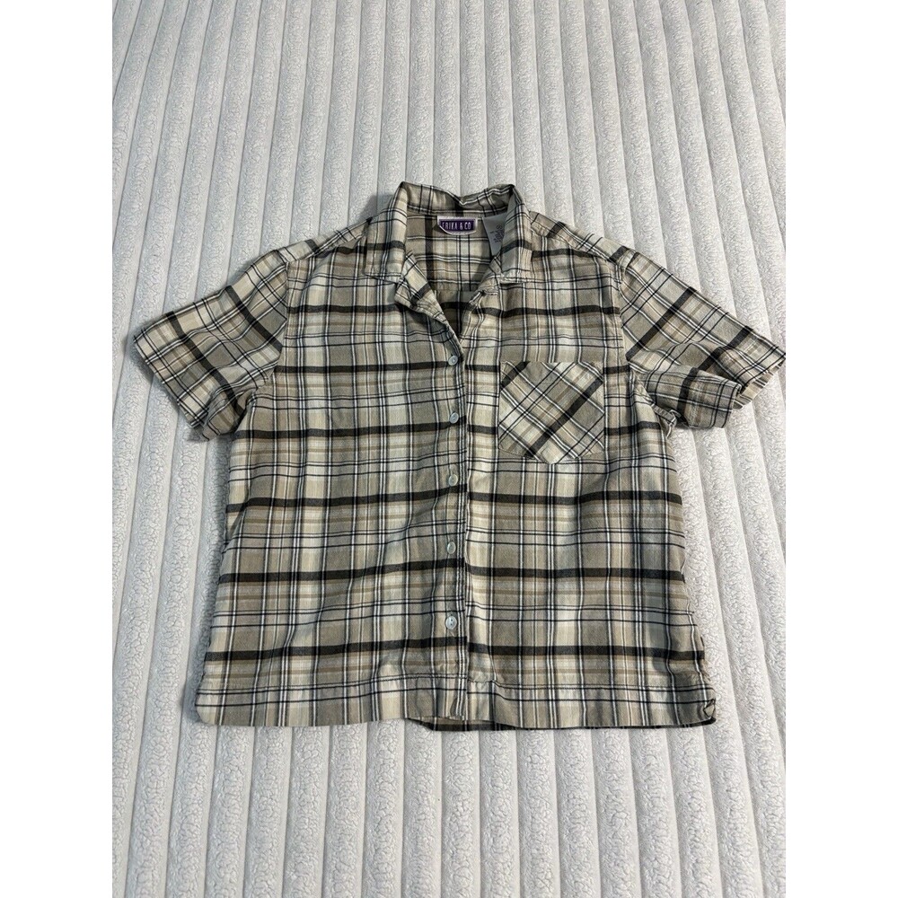 Vintage Erika & Co Plaid Short Sleeve Button Up Flannel Top Womens Medium Brown